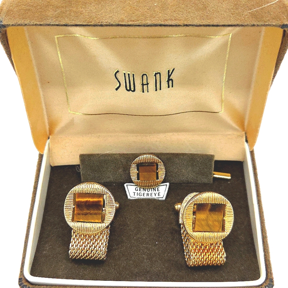 Vintage Swank Tigereye Cufflinks and Tie Clip Set